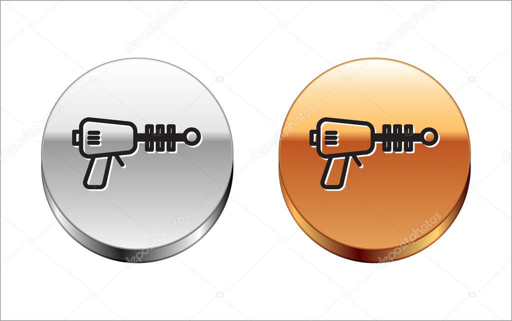 Black line Ray gun icon isolated on white background. Laser weapon. Space blaster. Silver-gold circle button. Vector Illustration