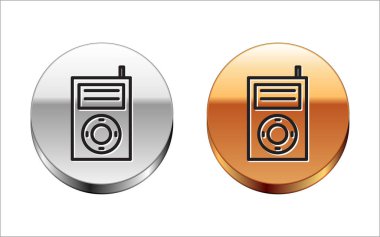 Siyah çizgi Müzik Mp3 oynatıcı simgesi beyaz arkaplanda izole edildi. Taşınabilir müzik cihazı. Gümüş-altın halka düğmesi. Vektör İllüstrasyonu