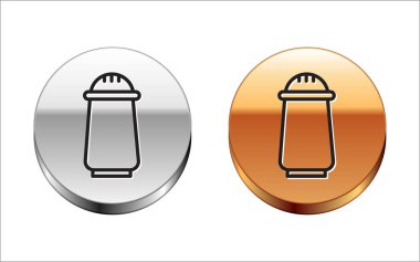 Beyaz arka planda siyah çizgi tuzu ve biber ikonu izole edildi. Yemek pişirme baharatları. Gümüş-altın halka düğmesi. Vektör İllüstrasyonu