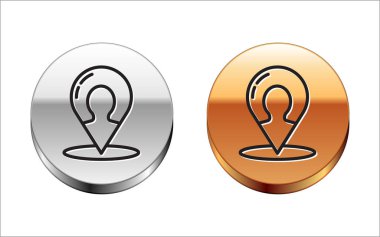 Beyaz arkaplanda izole edilmiş bir insan simgesinin silüeti olan siyah çizgi haritası. GPS konum sembolü. Gümüş-altın halka düğmesi. Vektör İllüstrasyonu