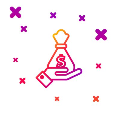 Renk çizgisi El 'in para çantası simgesi beyaz arka planda izole edilmiş. Dolar ya da Usd sembolü. Nakit bankacılık tabelası. Kademeli rastgele dinamik şekiller. Vektör İllüstrasyonu