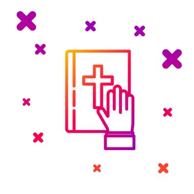 Color line Oath on the Holy Bible icon isolated on white background. The procedure in court. Truth and truth. Promise before god. Gradient random dynamic shapes. Vector Illustration