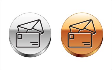 Siyah çizgi Zarf simgesi beyaz arkaplanda izole edildi. E- posta mektup sembolü. Gümüş-altın halka düğmesi. Vektör İllüstrasyonu