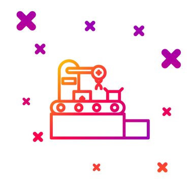 Renkli fabrika taşıma sistemi şeridi beyaz arka planda karton kutular mühendislik makine simgesi izole. Robot endüstrisi konsepti. Kademeli rastgele dinamik şekiller. Vektör İllüstrasyonu