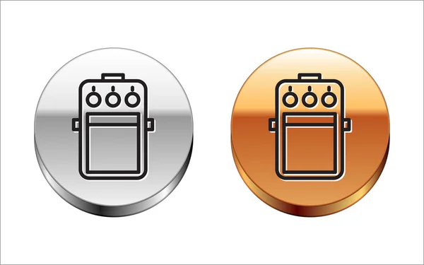 Black line Guitar pedal icon isolated on white background. Musical equipment. Silver-gold circle button. Vector Illustration — Stock Vector