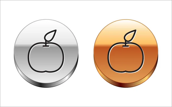Línea negra Icono de Apple aislado sobre fondo blanco. Fruta con símbolo de hoja. Botón círculo plata-oro. Ilustración vectorial — Vector de stock