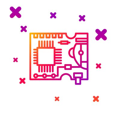 Renk çizgisi yazdırılmış Pcb simgesi beyaz arkaplanda izole edildi. Kademeli rastgele dinamik şekiller. Vektör İllüstrasyonu