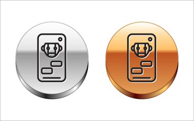 Black line Bot icon isolated on white background. Robot icon. Silver-gold circle button. Vector Illustration
