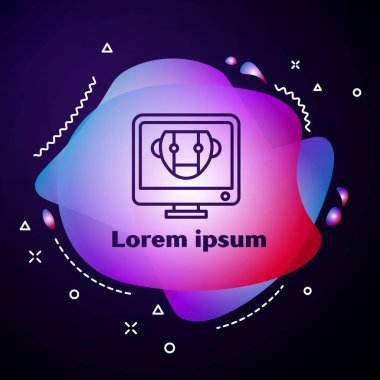 Purple line Bot icon isolated on blue background. Computer monitor and robot icon. Abstract banner with liquid shapes. Vector Illustration