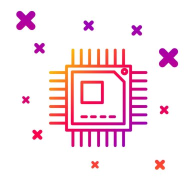 Beyaz arkaplanda izole edilmiş mikro devre işlemci simgesine sahip renkli bilgisayar işlemcisi. Devre kartı işaretli çip ya da işlemci. Mikro işlemci. Kademeli rastgele dinamik şekiller. Vektör İllüstrasyonu