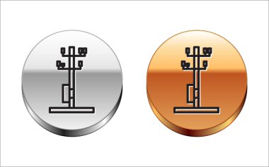 Black line Electric tower used to support an overhead power line icon isolated on white background. High voltage power pole line. Silver-gold circle button. Vector Illustration