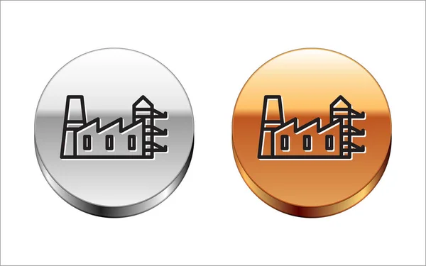 Black line Power station plant and factory icon isolated on white background. Energy industrial concept. Silver-gold circle button. Vector Illustration — Stock vektor