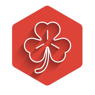 Beyaz çizgi Dört yapraklı yonca simgesi uzun gölgeli. Mutlu Aziz Patrick günleri. Kırmızı altıgen düğmesi. Vektör İllüstrasyonu