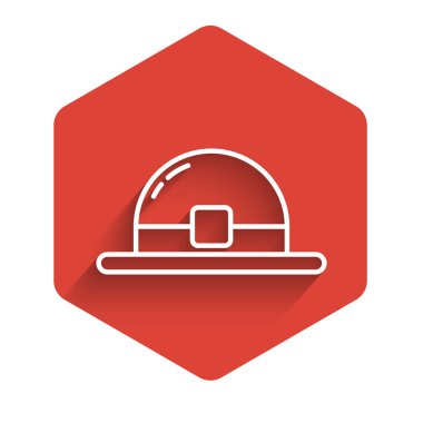 Beyaz çizgi cüce şapka ikonu uzun gölgeli izole edilmiş. Aziz Patrick gününüz kutlu olsun. Kırmızı altıgen düğmesi. Vektör İllüstrasyonu