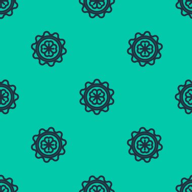 Dört yapraklı yonca ikonuna sahip mavi çizgi şişe kapağı yeşil arka planda izole edilmiş pürüzsüz desen. Aziz Patrick gününüz kutlu olsun. Vektör İllüstrasyonu