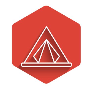 Uzun gölgeli beyaz çizgi turist çadırı simgesi. Kamp sembolü. Kırmızı altıgen düğmesi. Vektör İllüstrasyonu