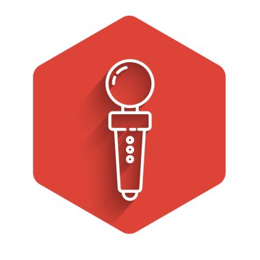 Oyun makinesi simgesi için beyaz çizgi Joystick uzun gölgeli izole edilmiş. Joystick oyun alanı. Kırmızı altıgen düğmesi. Vektör İllüstrasyonu