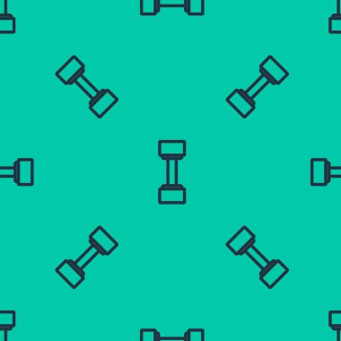 Mavi çizgi Dumbbell simgesi yeşil arka planda kusursuz desen izole etti. Kas kaldırma ikonu, fitness halteri, beden eğitimi ikonu, spor malzemeleri sembolü, egzersiz bumbzili. Vektör İllüstrasyonu