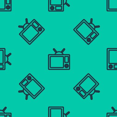 Mavi çizgi televizyon simgesi yeşil arkaplanda pürüzsüz desen izole etti. Televizyon tabelası. Vektör İllüstrasyonu