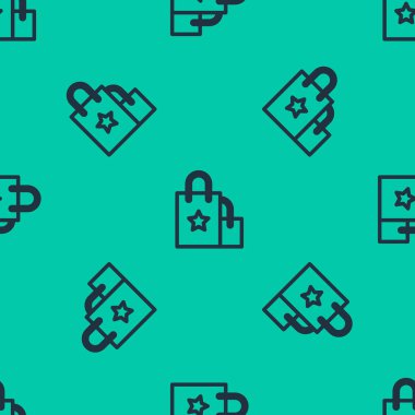 Mavi çizgi kağıttan alışveriş poşeti ikonu yeşil arka planda izole edilmiş pürüzsüz desen. Paket işareti. Vektör İllüstrasyonu