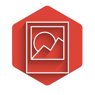 Beyaz çizgi foto çerçeve simgesi uzun gölgeli izole. Kırmızı altıgen düğmesi. Vektör İllüstrasyonu