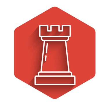 Beyaz Hat İş Stratejisi simgesi uzun gölgeli izole edildi. Satranç sembolü. Oyun, yönetim, finans. Kırmızı altıgen düğmesi. Vektör İllüstrasyonu