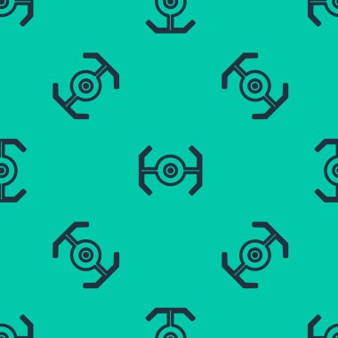 Mavi çizgi Kozmik gemi simgesi yeşil arka planda kusursuz desen izole etti. Vektör İllüstrasyonu