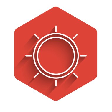 Beyaz çizgi güneş ikonu uzun gölgeli izole edilmiş. Kırmızı altıgen düğmesi. Vektör İllüstrasyonu