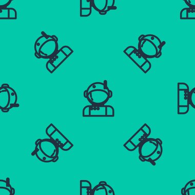 Mavi çizgi astronot simgesi yeşil arka planda izole edilmiş pürüzsüz desen. Vektör İllüstrasyonu