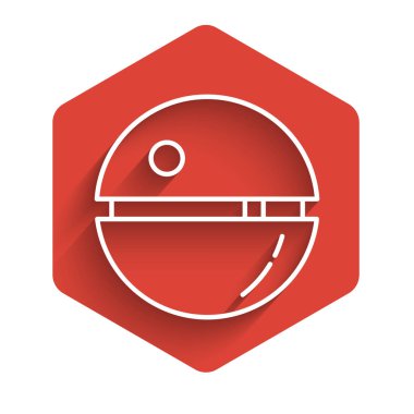 Beyaz çizgi Ölüm Yıldızı ikonu uzun gölgelerle izole edilmiş. Kırmızı altıgen düğmesi. Vektör İllüstrasyonu