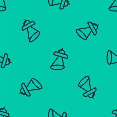 Mavi çizgi UFO uçan uzay gemisi simgesi yeşil arka planda izole edilmiş kusursuz desen. Uçan daire. Uzaylı uzay gemisi. Gelecekteki bilinmeyen uçan nesne. Vektör İllüstrasyonu