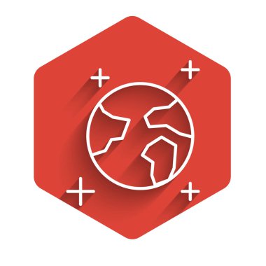 Beyaz çizgi Dünya ikonu uzun gölgeli izole edilmiş. Dünya ya da Dünya işareti. Küresel internet sembolü. Geometrik şekiller. Kırmızı altıgen düğmesi. Vektör İllüstrasyonu