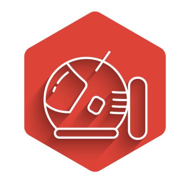 Beyaz çizgi astronot miğferi ikonu uzun gölgeli izole edilmiş. Kırmızı altıgen düğmesi. Vektör İllüstrasyonu