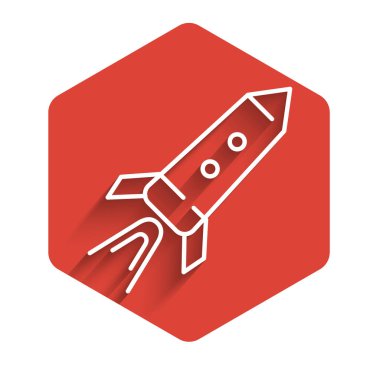 Ateş ikonlu, uzun gölgeli beyaz çizgi roket gemisi. Uzay yolculuğu. Kırmızı altıgen düğmesi. Vektör İllüstrasyonu