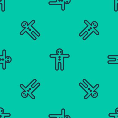 Mavi çizgi, Holiday zencefilli kurabiye adam ikonu yeşil arka planda izole edilmiş kusursuz desen. Kurabiye, insan şeklinde ve kremalı. Vektör İllüstrasyonu