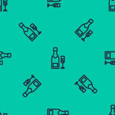 Mavi çizgi. Şampanya şişesi ve bir bardak şampanya ikonu yeşil arka planda izole edilmiş pürüzsüz desen. Mutlu Noeller ve mutlu yıllar. Vektör İllüstrasyonu