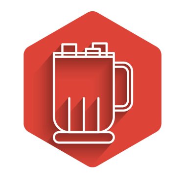 Beyaz çizgi. Şekerlemeli sıcak çikolata bardağı. Uzun gölgeli izole edilmiş. Mutlu Noeller ve mutlu yıllar. Kırmızı altıgen düğmesi. Vektör İllüstrasyonu