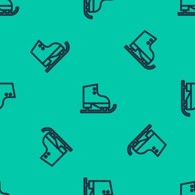 Mavi çizgi figürü, yeşil arka planda ikon izole edilmiş pürüzsüz desen. Buz pateni ayakkabısı ikonu. Kılıçlı spor botlar. Vektör İllüstrasyonu