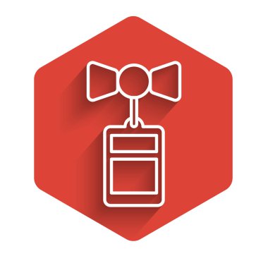 Beyaz çizgi Price etiketi. Üzerinde uzun gölgeli bir indirim simgesi var. Rozet fiyatına. Reklam etiketi indirimi. Kırmızı altıgen düğmesi. Vektör İllüstrasyonu