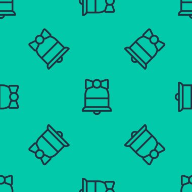 Mavi çizgi Mutlu Noeller zil ikonu yeşil arka planda izole edilmiş kusursuz desen. Alarm sembolü, servis zili, el zili işareti, uyarı sembolü. Vektör İllüstrasyonu