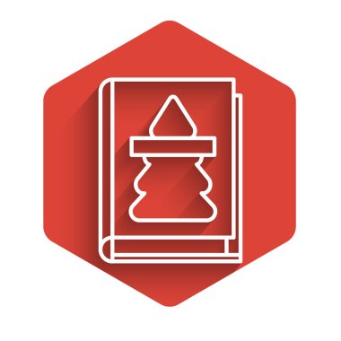 Beyaz çizgi Noel kitabı kapağı ya da uzun gölgeli el ilanı ikonu. Mutlu Noeller ve mutlu yıllar. Kırmızı altıgen düğmesi. Vektör İllüstrasyonu