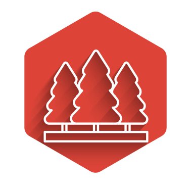 Uzun gölgeli beyaz çizgi Noel ağacı simgesi. Mutlu Noeller ve mutlu yıllar. Kırmızı altıgen düğmesi. Vektör İllüstrasyonu