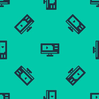 Mavi çizgi video kaydedicisi ya da bilgisayar monitörü simgesindeki düzenleyici yazılımı yeşil arkaplandaki dikişsiz deseni izole etti. Vektör İllüstrasyonu
