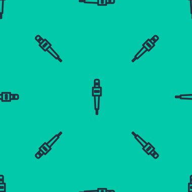 Mavi çizgi mikrofon simgesi yeşil arkaplandaki kusursuz deseni izole etti. Radyodaki mikrofondan. Sözcü işareti. Vektör İllüstrasyonu