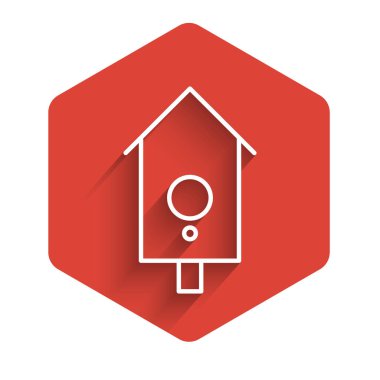 Beyaz çizgi Retro duvar izleme ikonu uzun gölgeli izole edilmiş. Guguklu saat işareti. Antika sarkaçlı saat. Kırmızı altıgen düğmesi. Vektör İllüstrasyonu