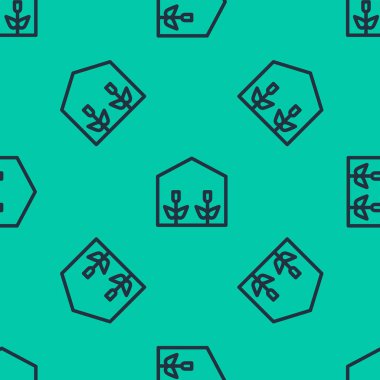 Mavi çizgi ev serası ve bitki ikonu yeşil arka planda izole edilmiş pürüzsüz desen. Vektör İllüstrasyonu