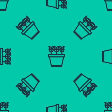 Mavi çizgi, çömlek simgesinde yeşil arka planda izole edilmiş, pürüzsüz desen oluşturur. Tencerede büyüyen bitkiler. Saksı bitkisi işareti. Vektör İllüstrasyonu