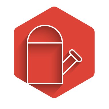 Sulama beyaz çizgi uzun gölgeli izole ikon olabilir. Sulama sembolü. Kırmızı altıgen düğmesi. Vektör İllüstrasyonu