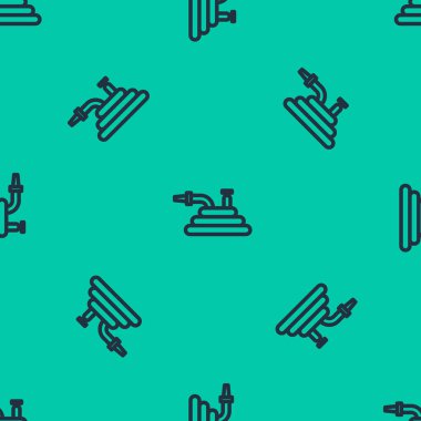 Mavi çizgi bahçe hortumu ya da yangın hortumu ikonu yeşil arka planda izole edilmiş pürüzsüz desen. Sprey tabanca ikonu. Su ekipmanları. Vektör İllüstrasyonu