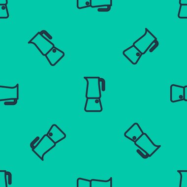 Mavi çizgi Moka çömleği ikonu yeşil arka planda kusursuz desen izole etti. Kahve makinesi. Vektör İllüstrasyonu